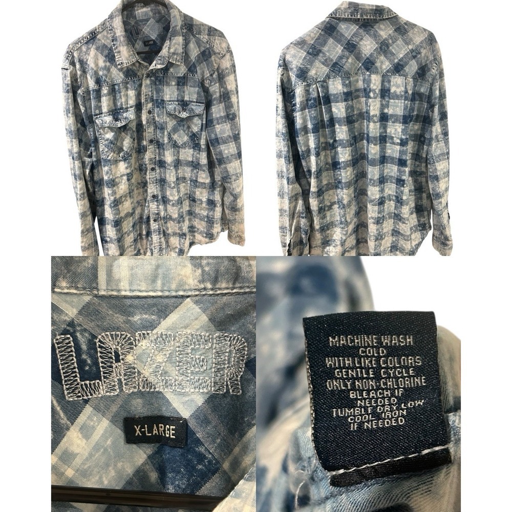 Lazer Shirt Adult X-Large Blue Canvas Acid Wash Button Up Cotton Mens